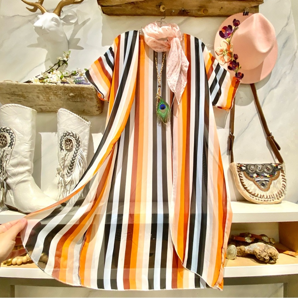 Semi sheer duster stripe boho cover up w beach resort vacay hippy vibe